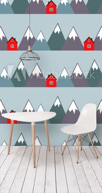 Picture of Nordic landscape with red houses and mountains Seamless pattern with geometric snowy mountains and homes Colorful scandinavian nature illustration Vector mountains background